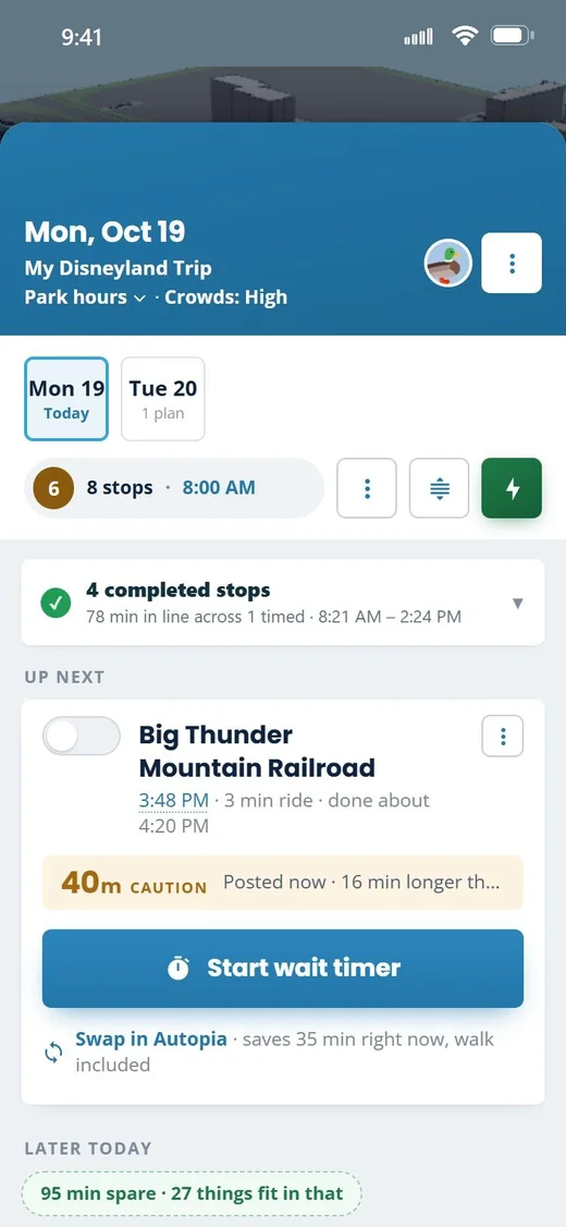 Park Tracking — a planned park day, stop by stop